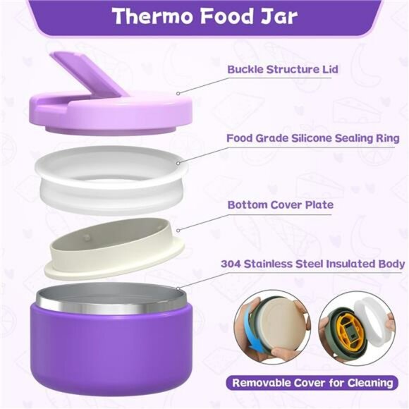 Kids Bento Lunch Box Set with Thermo Food Jar Leakproof School Lunch Bag - Picture 6 of 8